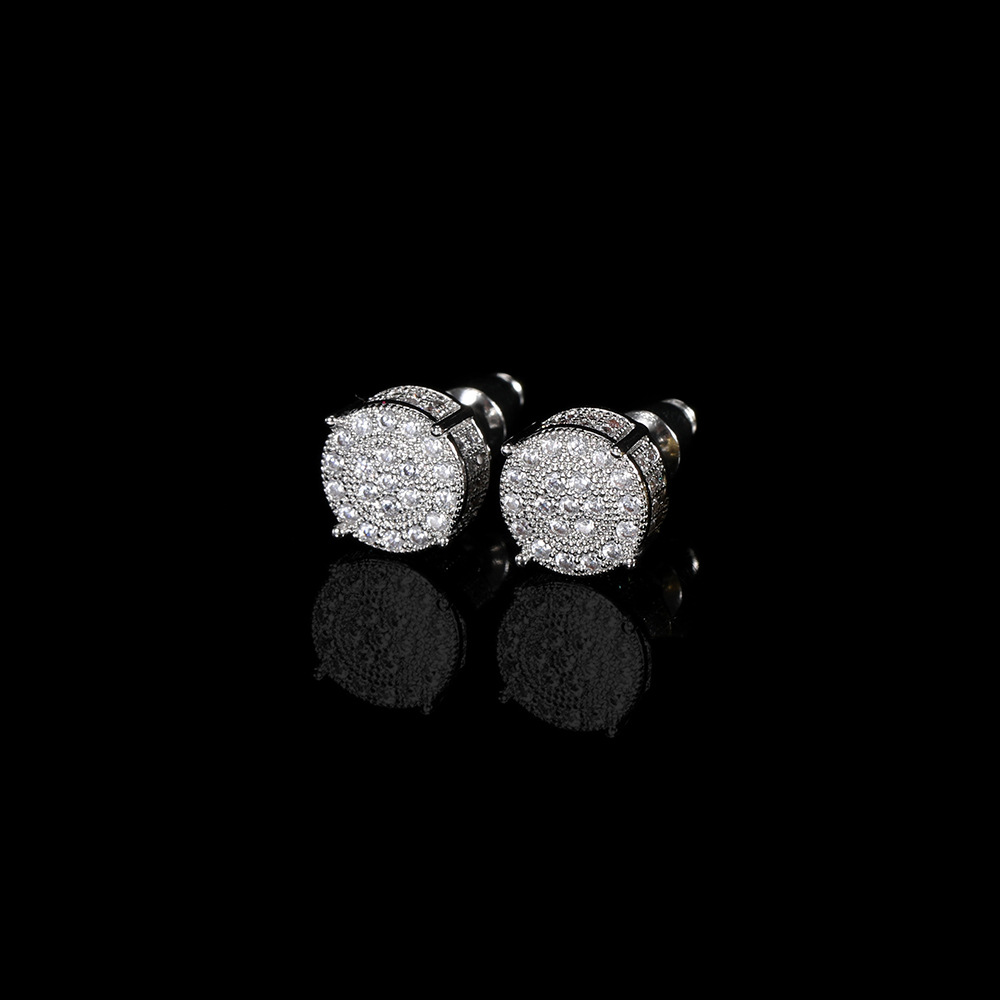 Hip Hop Round Stud Earring Bling 18K Real Gold Plated Prevent Allergy Earrings for Men Women Gift