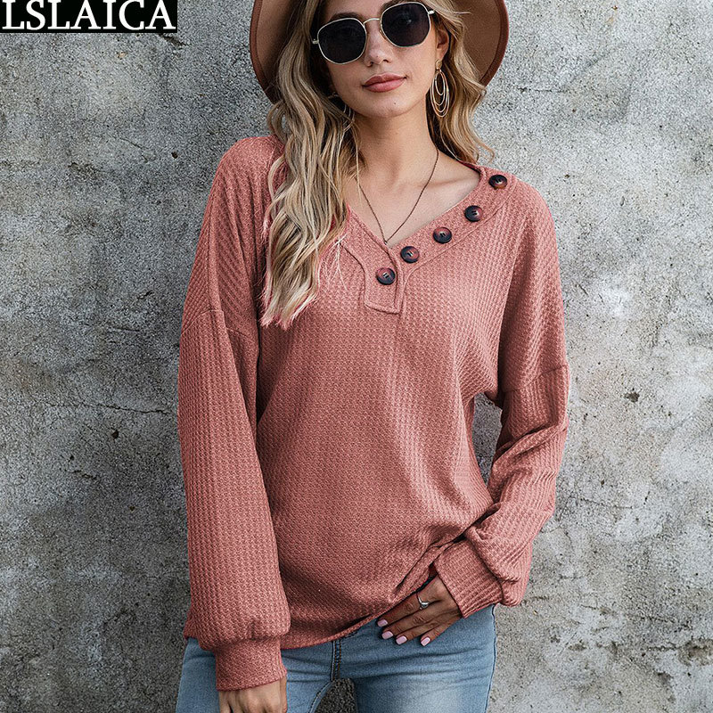 Women Blouses Casual Long Sleeve V Neck Button Tops for Fashion Solid Irregular Female Shirts Streetwear Plus Size Clothes 210520