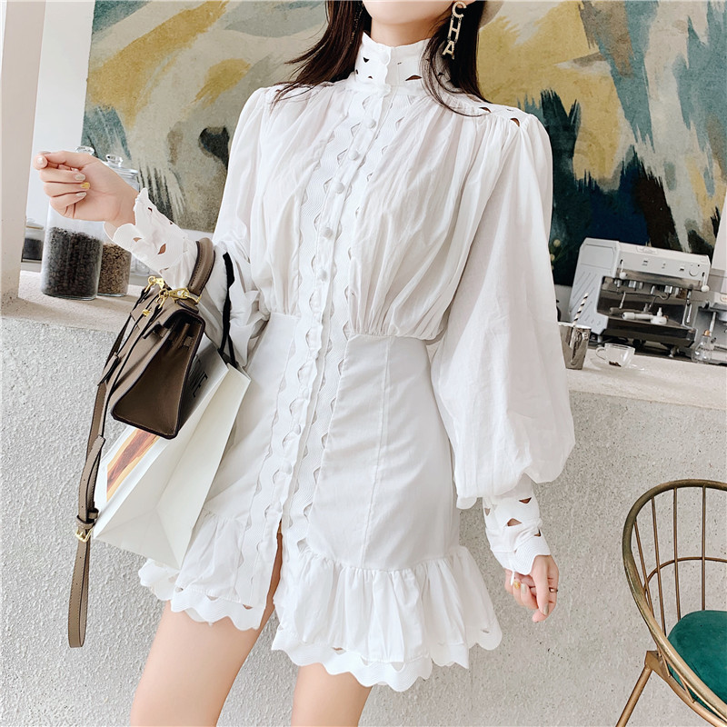 Autumn High Street Runway Dress Women Elegant Ruffles Lantern Sleeve White Hollow Out Mini Trumpet Dress Cotton Dress 210515