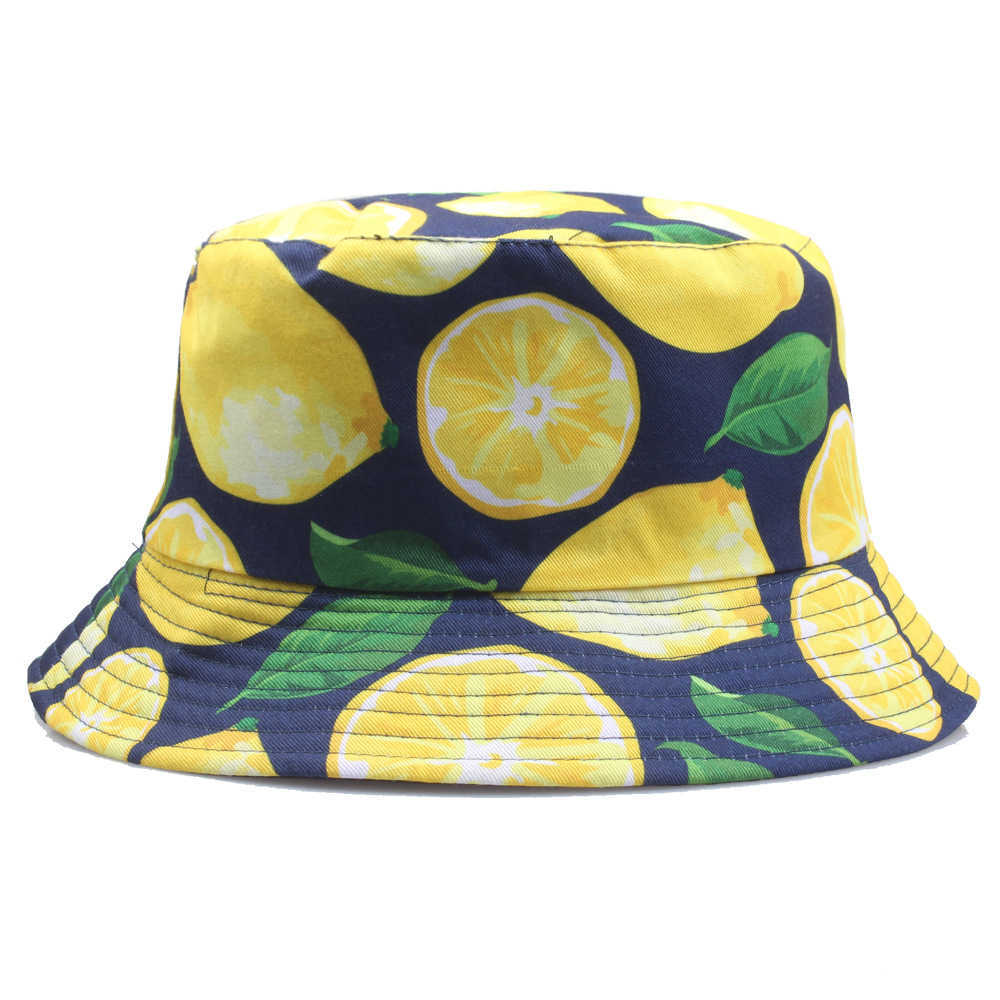 Banana Lemon Printed Double-sided Bucket Hat Women Men Summer Cotton Fashion Panama Cap Sun Girls Fishing Black Fisherman's Hats Q0805