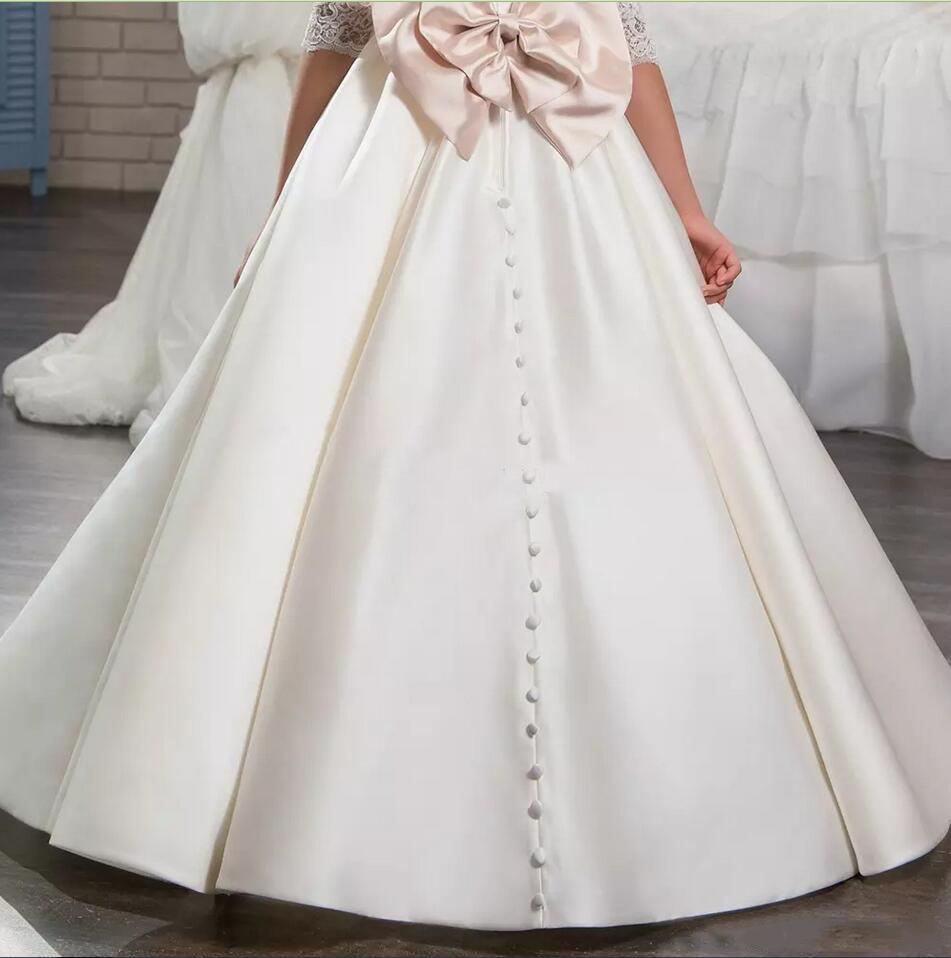 Half Sleees Flower Dresses For Weddings Jewel Neck Lace Crystals Satin Kids Pageant Girls Formal Party Wedding Dress 0431