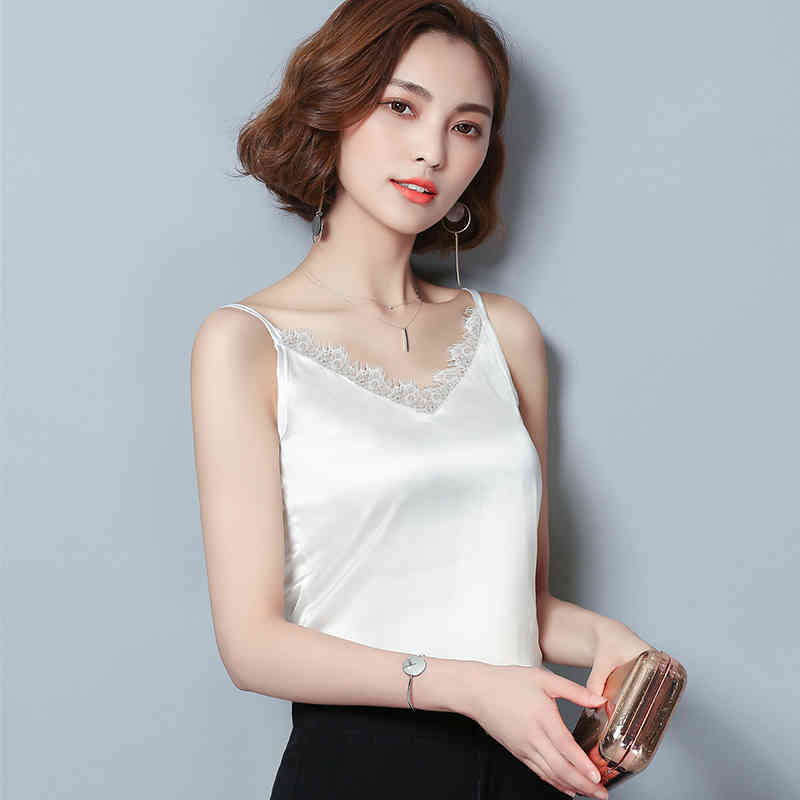 Fashion Sexy Lace Chiffon Women Camis Vest Slim V Collar Black Green Tank Sleeveless Female Blusa 0628 40 210506