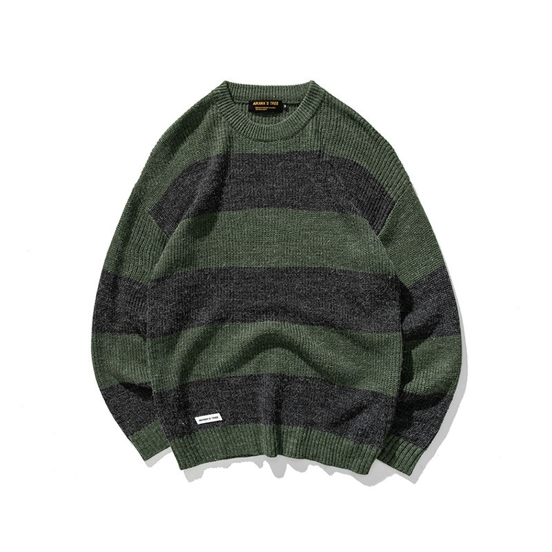 IEFB /men's clothing Autumn pullover sweater ins trendy striped contrast color loose round neck kintted tops for men 9Y3801 210524