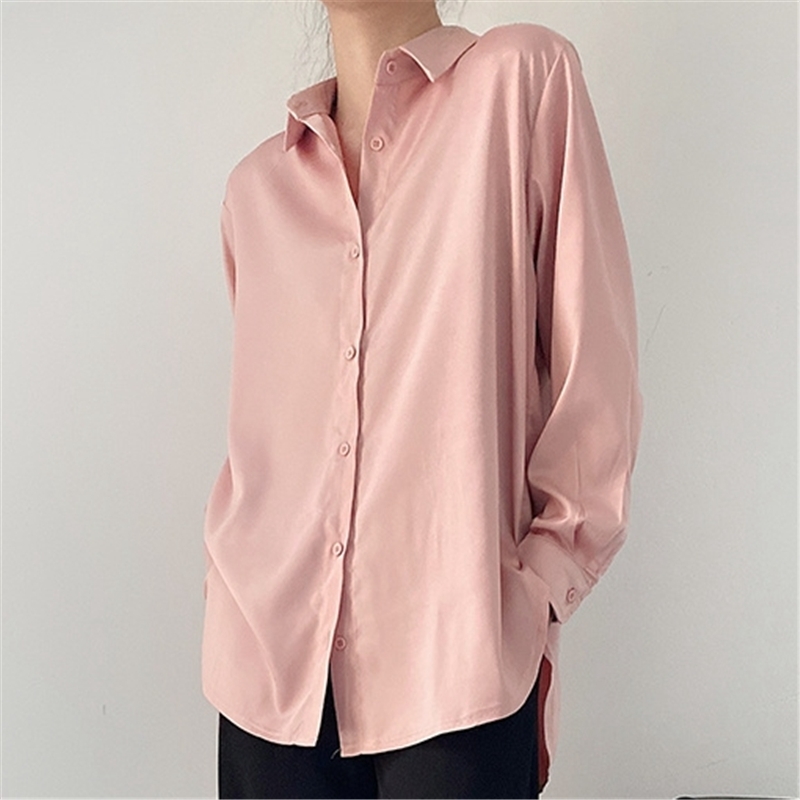 Elegant Women Solid Pink Satin Shirts Fashion Ladies Button Loose Tops Causal Female Chic Turn Down Collar Blouse 210430