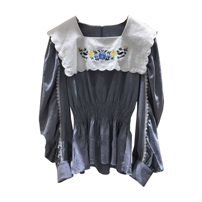 Nomikuma Sweet Floral Embroidery Turn-down Collar Women Blouse Autumn New Long Sleeve Causal Doll Shirt Korean Blusas 6C671 210427