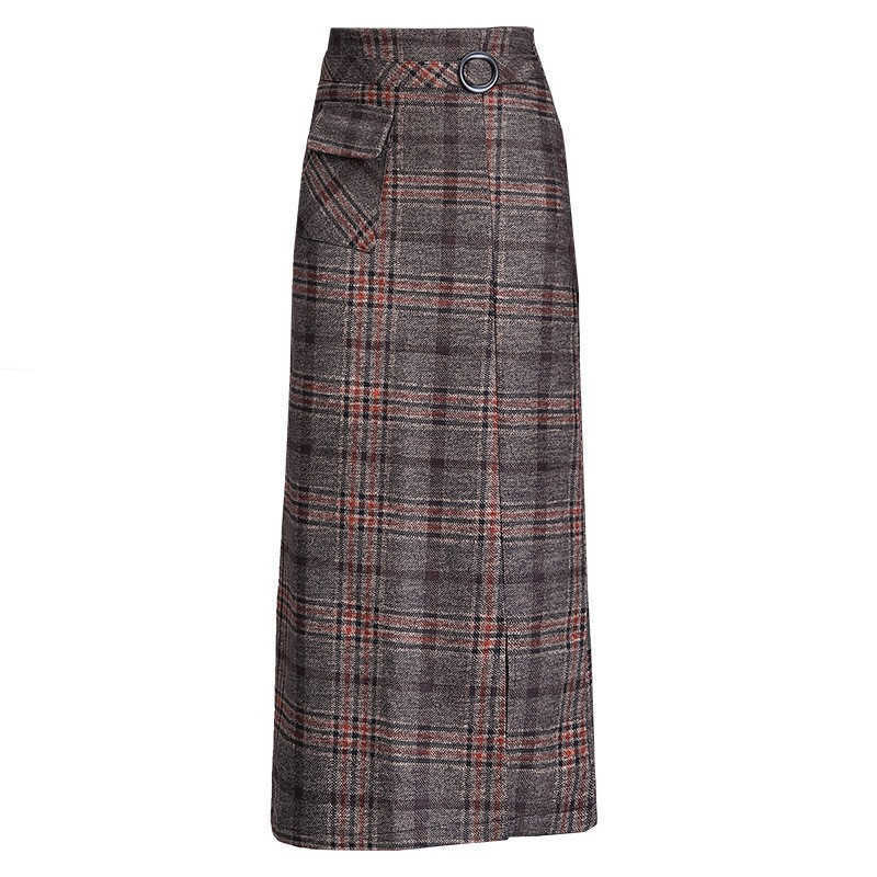 Elegant Retro Female Hight Waist Woolen Long Plaid Skirt Women Casual Straight Vintage Fashion Maxi Jupe Longue Femme Slim 210619
