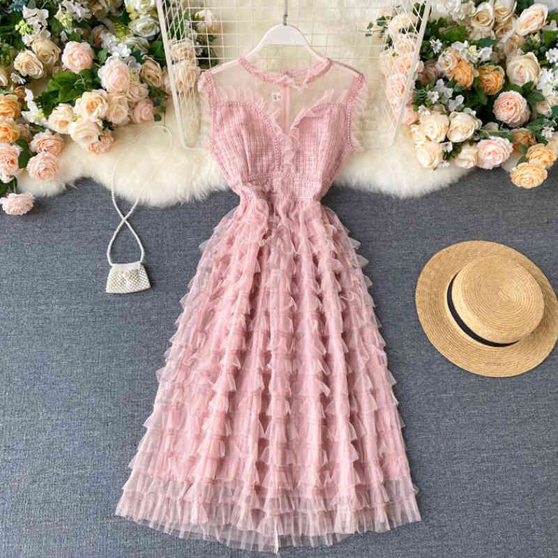 Elegant Summer Dress Women O Neck Sleeveless Midi Female Solid Color Sweet Mesh Dresses A-line Ruffles Cake Dress Vestidos 210521