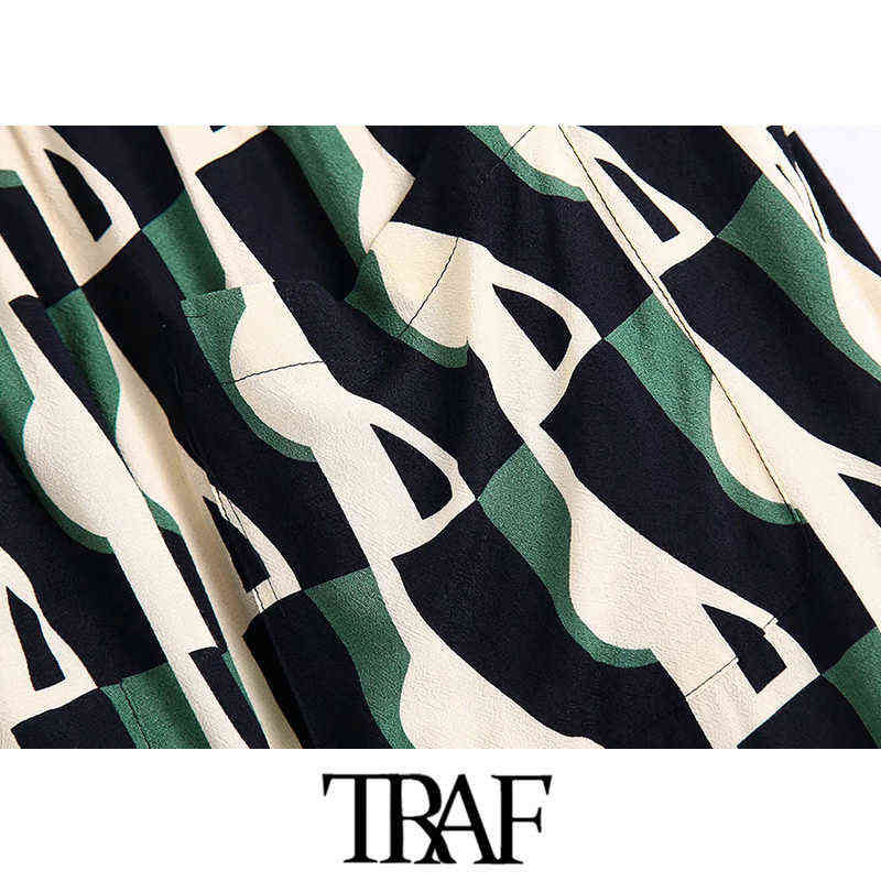 TRAF Women Fashion Side Pockets Printed Flared Pants Vintage High Elastic Waist Zipper Fly Female Trousers Mujer 211124Z