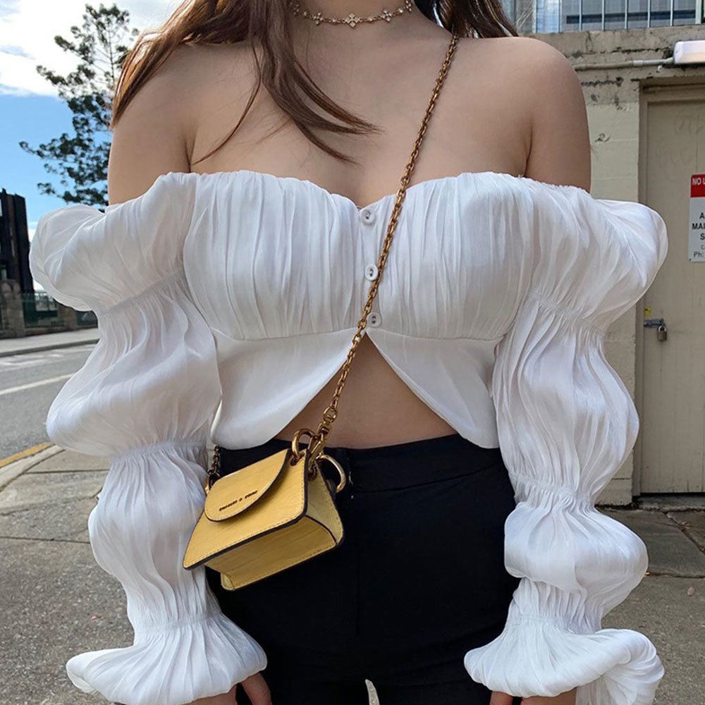 Women Summer Elegant Lantern Sleeve Ruched Tops and Blouses Sexy Lady Cropped Shirt Casual White Satin Short Blouse 210428