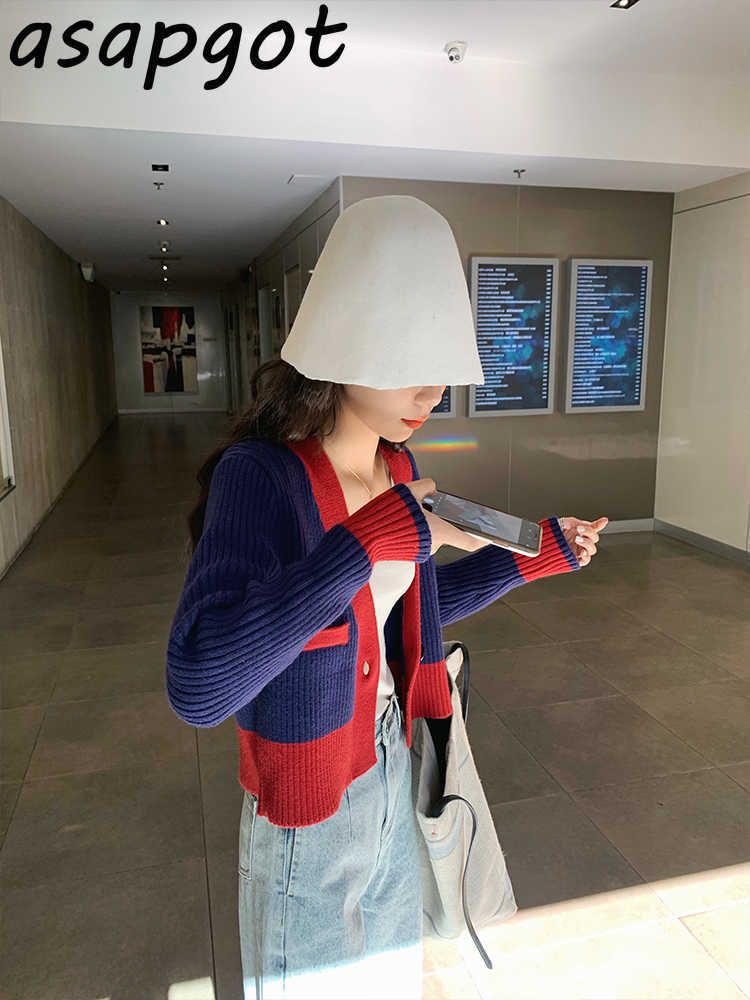 Sweaters&Jumpers Thin V Neck One Button Short Cardigan Long Sleeve Tops Wild Casual Knitted Jacket Contrast Retro Chic 211011Z