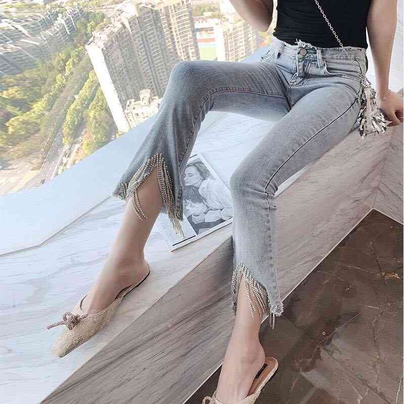 Jeans With Beads Tassel Rhinestones Vintage Skinny High Waist Stretchy Petite Ankle Elastic Denim Pants 210510