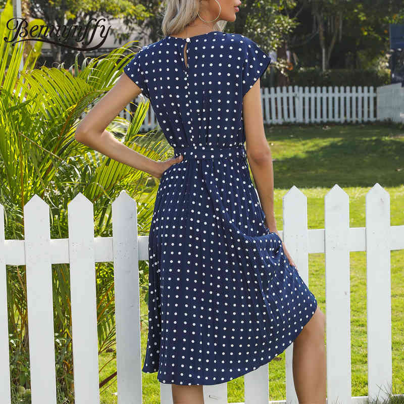 O-Neck Polka Dot Summer Dresses Cap Sleeve Women Knee Length Shirred Elegant Office Lady Belted A-Line Dress 210510