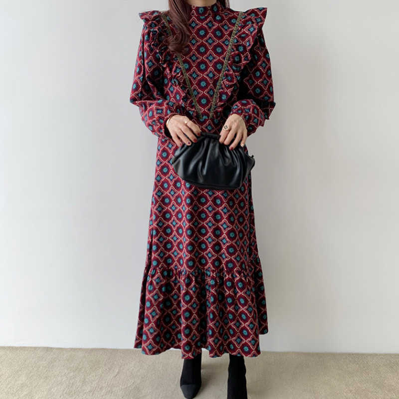 Korean Chic Court Style Full Print Slim Stand Loose Ruffle Trumpet / Mermaid Ankle-Length Dresses for Women 210615Z