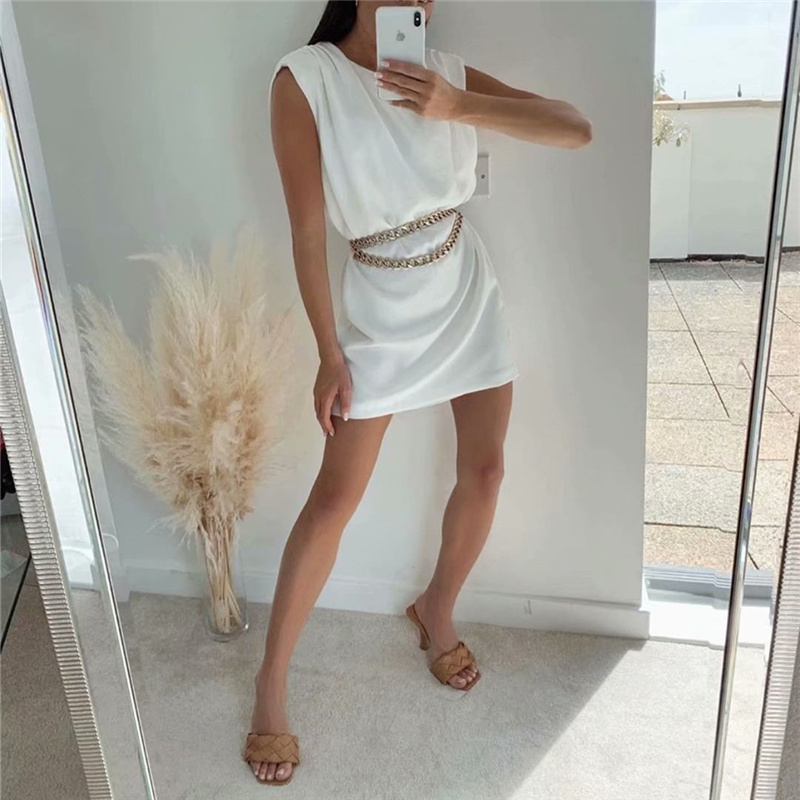 Elegant Woman White Shoulder Padded Vest Dress Summer Fashion Female Sleeveless Mini es Ladies Chic Loose 210515