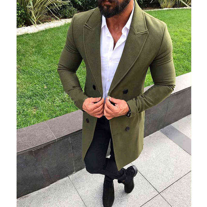 Double-breasted solid color woolen coat for men 211122