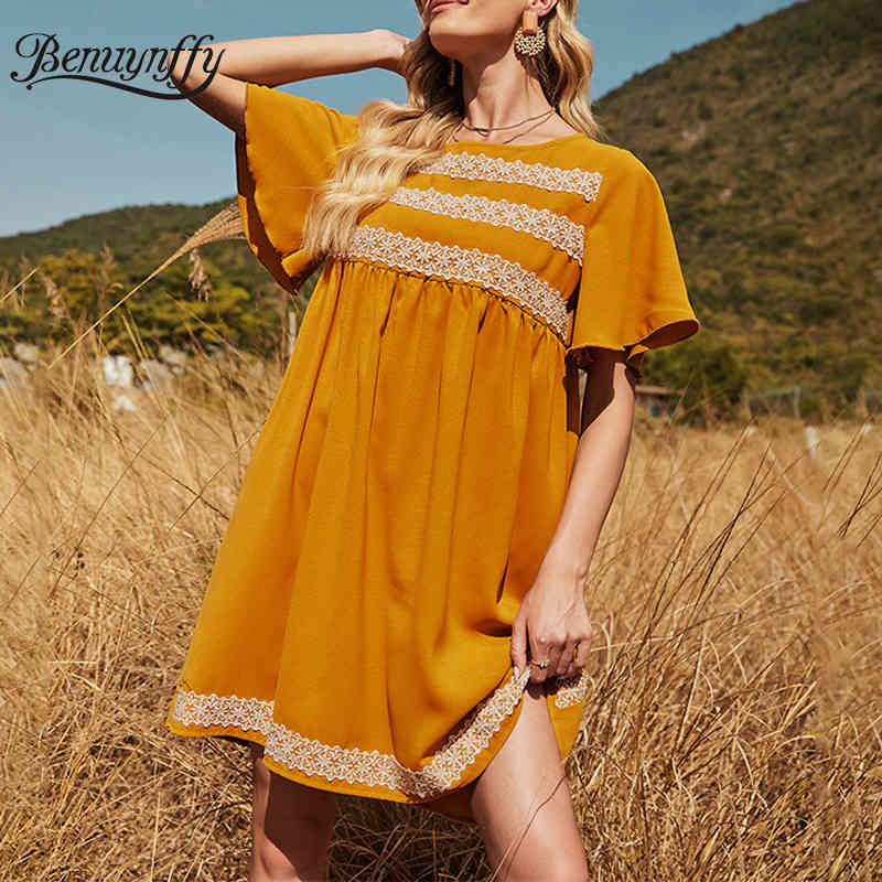 Round Neck Solid Lace Patchwork Loose Dresses Summer Short Sleeve Korean Casual Women Clothing Fashion Mini Dress 210510