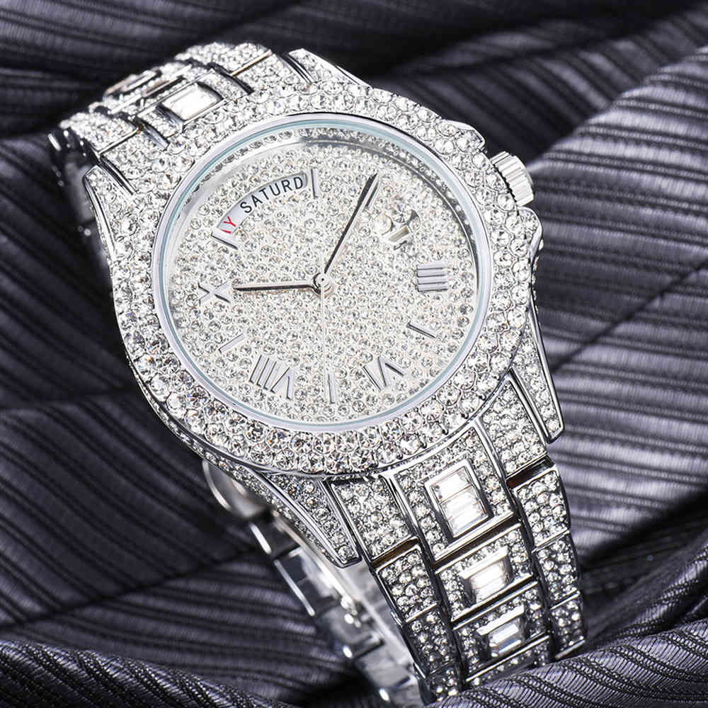 Drop Iced Out Hip Hop Luxury Quartz Watch for Men Full Bling Diamond AAA CZ Clock Day Date Waterproof Relogio, Silver gold
Drop Iced Out Hip Hop Luxury Quartz Watch for Men Full Bling Diamond AAA CZ Clock Day Date Waterproof Relogio, Silver gold