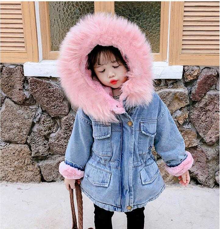 New Arrivals Girls Winter jacket Thicken Coats Children Denim Hooded Coat Kids Fur Collar Cotton Baby Girl Outwear clothing long