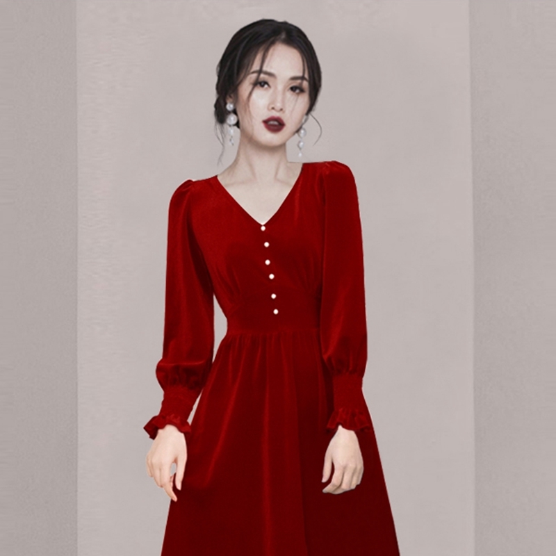 Spring Retro Dress For Women Red Velvet V-Neck Long Sleeve High Waist Sexy Party Dresses Female Vestidos 210519