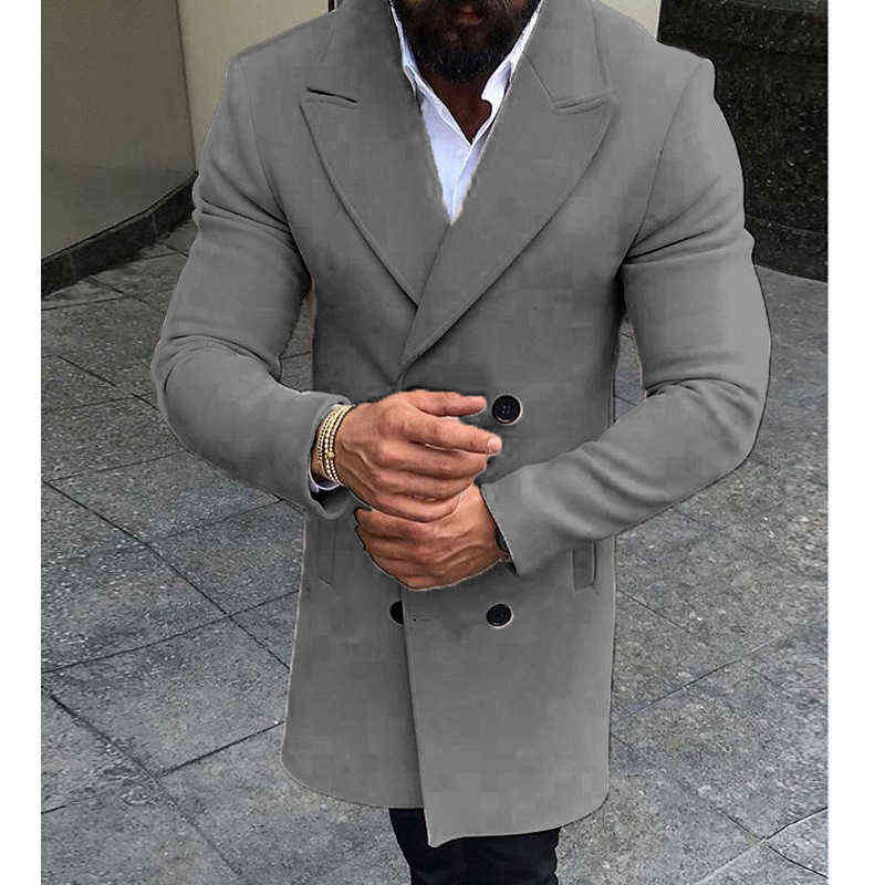 Double-breasted solid color woolen coat for men 211122