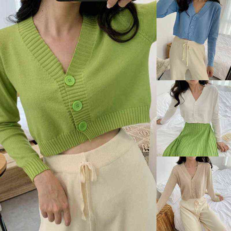 Women Autumn Long Sleeve Sweater Cardigan Sexy V-Neck Button Down Cropped Jacket Sweet Solid Candy Color Loose Knitted Outwear C 211109