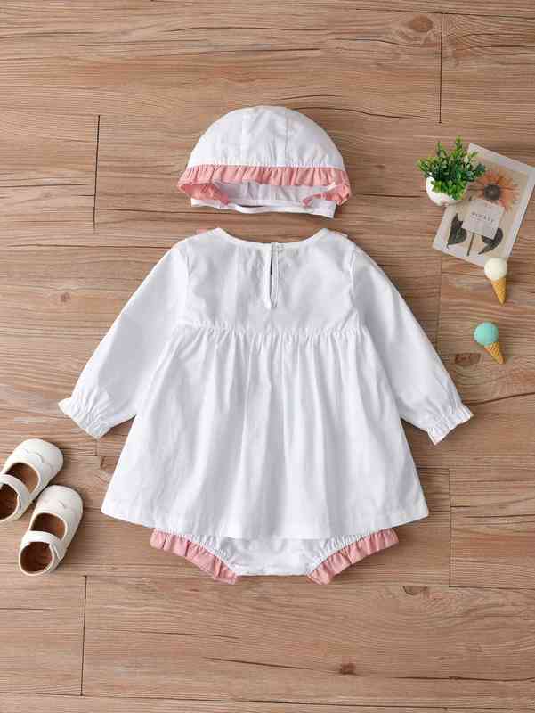 Baby Frill Trim Bow Front Combo Bodysuit Dress With Hat SHE