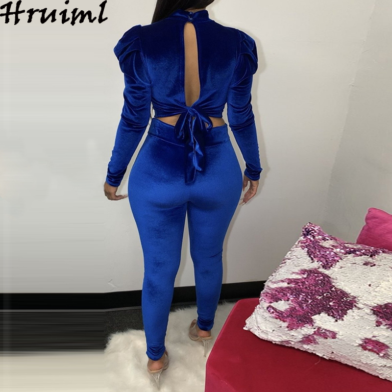 Elegant 2 Piece Set Women Long Sleeve O Neck Crop Top Blue Velour Tracksuit Fashion Pants Sets Solid Evening Party Club Outfits 210513