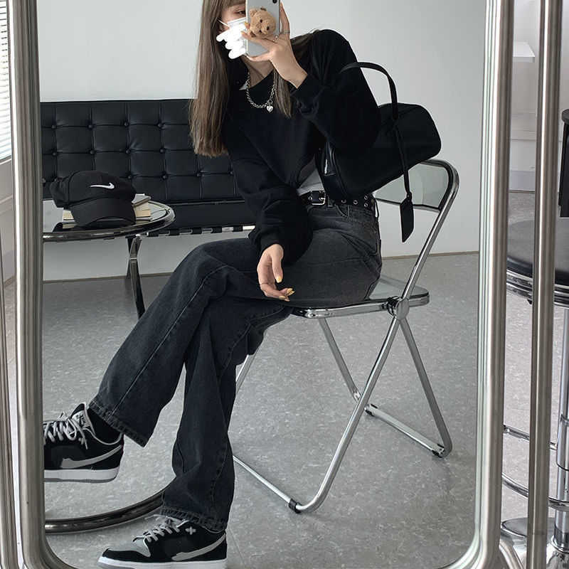 Vintage Jeans For Women Woman Long Trousers Female Loose Streetwear chic high waist Grey High Waist Boyfriend 210922