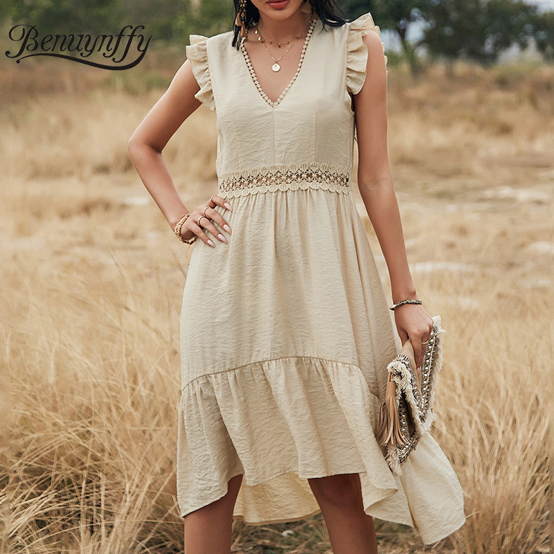 V-neck Hollow out Solid Dresses Women Elegant Ruffle Sleeve High Waist Female Asymmetrical Long Dress Summer 210510