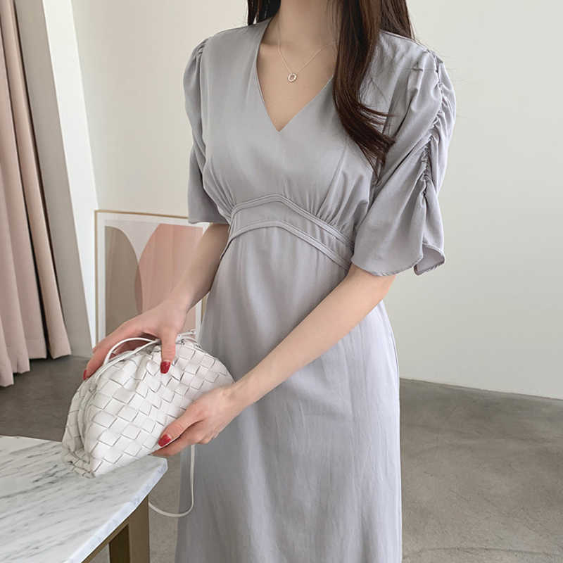 Korejpaa Women Dress Summer Korean Chic French Elegant V-Neck Tie Waist Slimming Solid Color Pleated Short-Sleeved Vestidos 210526