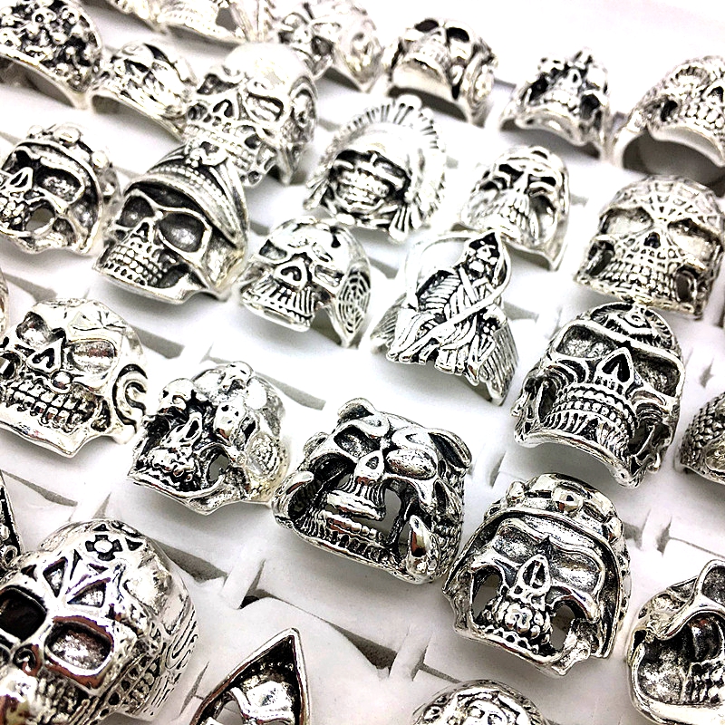 30pcs skull rings men punk rock silver metal women bikers skeleton rings vintage jewelry gifts patry whole lots bulk brand new