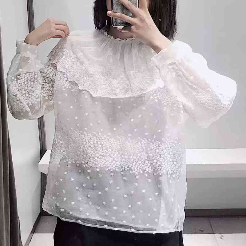 Cascading Ruffle Lace Splicing Women Shirt Embroidery Smock Leisure Lady Long Sleeves Blouse Female Loose Tops S6157 210430Z