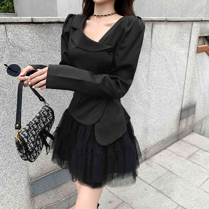 Spring Temperament Ladies Two pieces set Women Long sleeves Single Breasted Chic Shirt Top + High Waist Ball Gown Mini Skirt Sui 210519