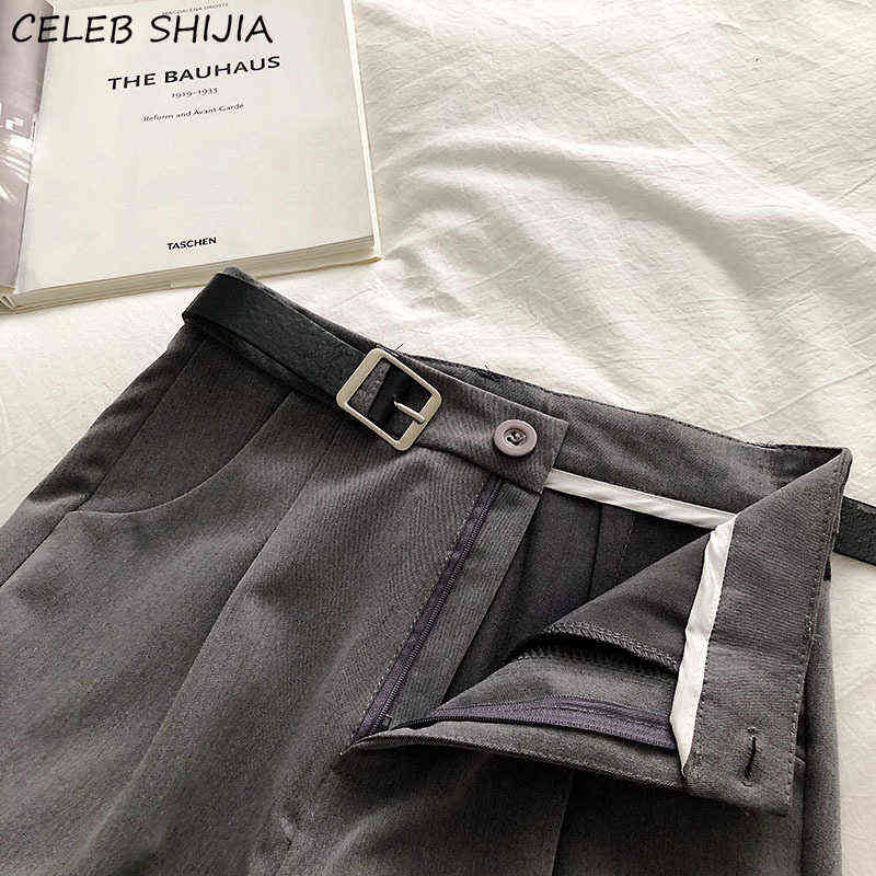Spring Gray Pants Woman with Belt High Waist Elegant Straight Leg Office Lady Business Chic Baggy Trousers Clothes 211115
