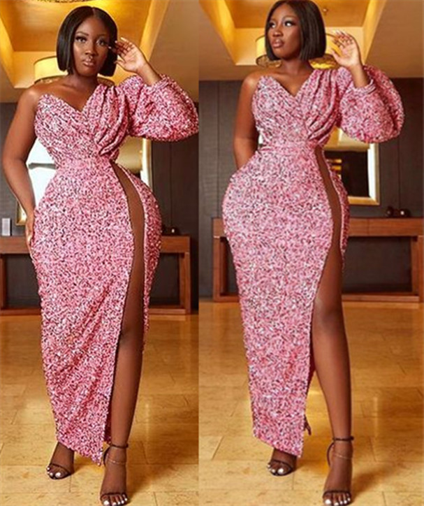 2021 Plus Size Arabic Aso Ebi Pink Sparkly Sexy Prom Dresses High Split Sequined Evening Formal Party Second Reception Gowns ZJ575