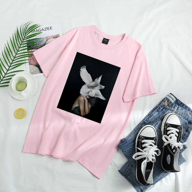100% Cotton Aesthetic Feather Flowers Printing T-shirt Fashion Harajuku O Neck Short Sleeve Summer Female Tees W726 210526