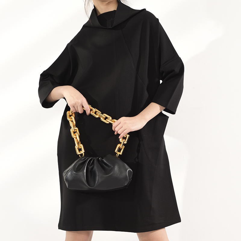 [EAM] Women Black Leisure Big Size Dress Turtleneck Three-quarter Sleeve Loose Fit Fashion Spring Autumn JL23001 21512