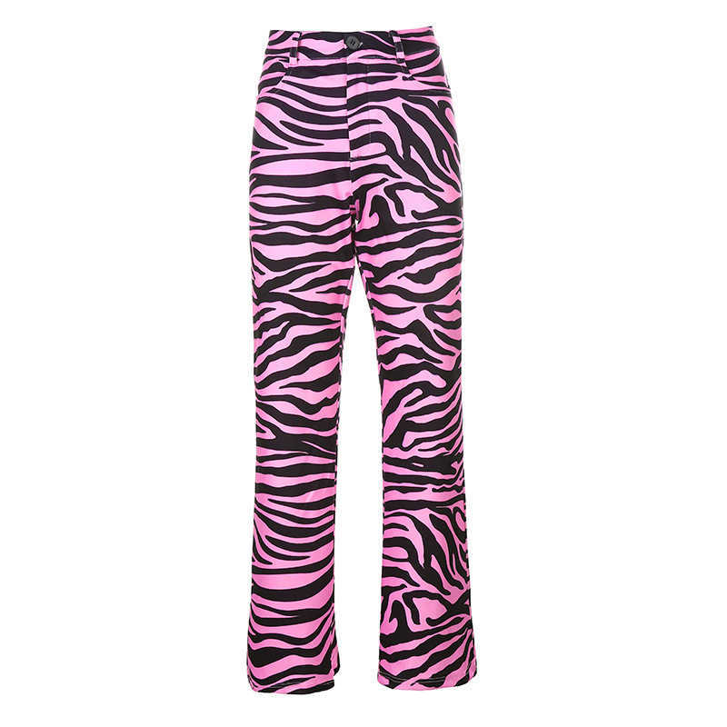 Pink Zebra Print pants Y2K, punk street clothes, mid waist loose, 1990s sweatpants women woman pants 210602