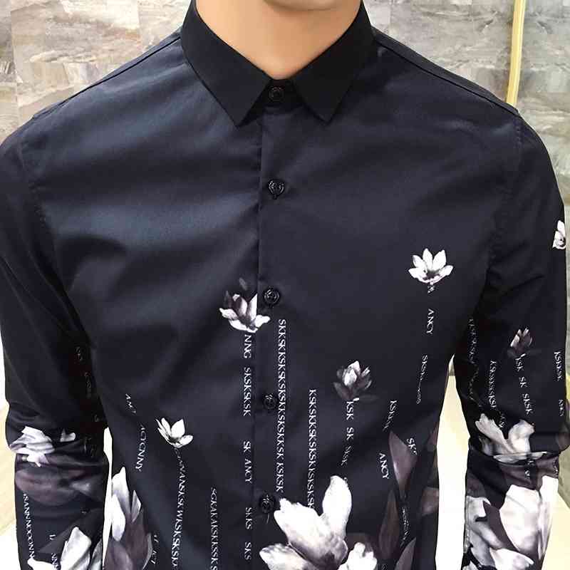 Autumn Fashion Flower black Printed Long Sleeve Shirts Men Camisa Social Male Slim Casual Shirts Men Camisas Masculina 210527