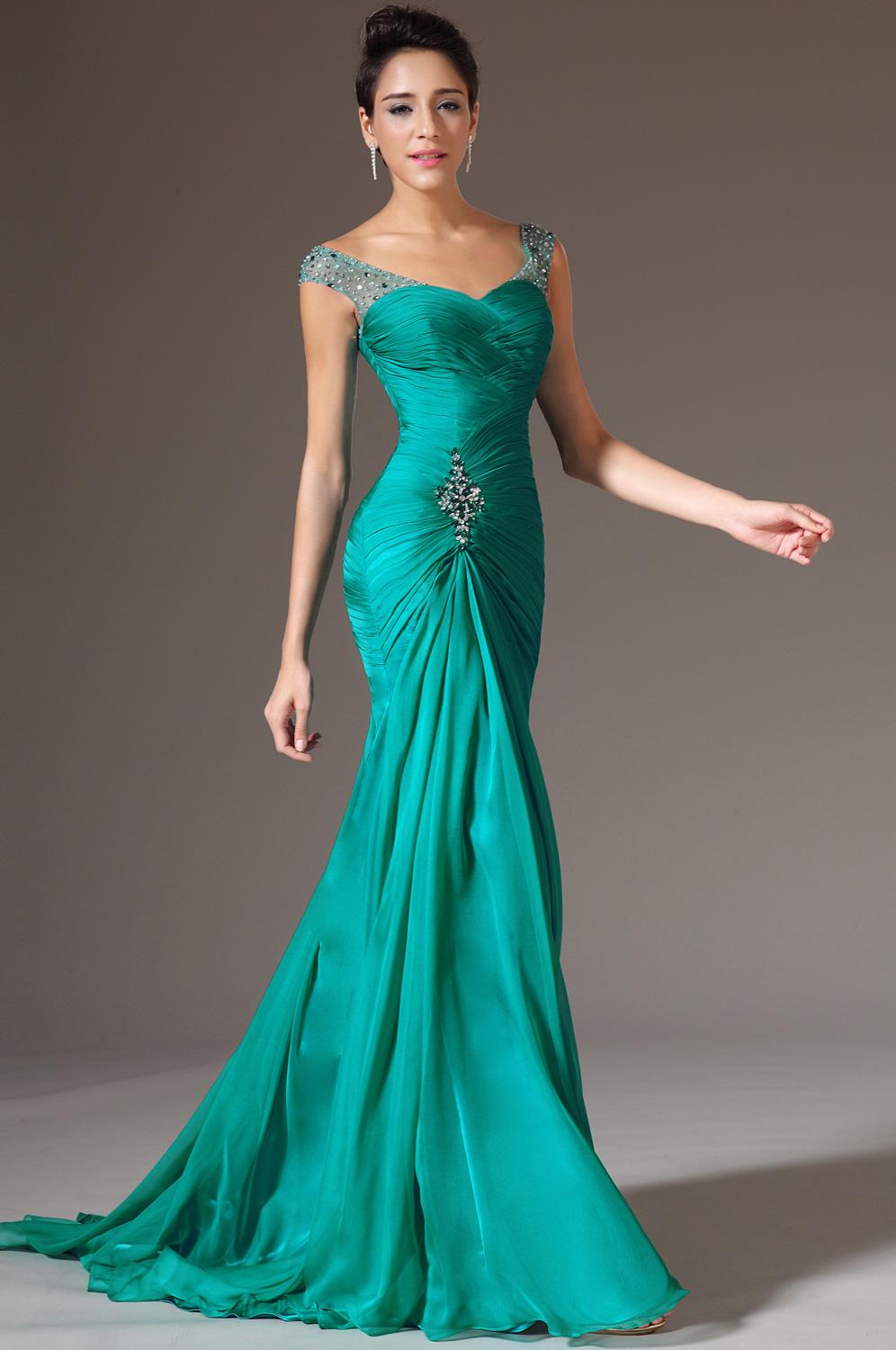 2021 New Design Best Selling Mermaid V-neck Sweep Train Chiffon Cap Sleeve Prom Dresses Beaded Pleats Discount Prom Gowns Formal Evening Dresses