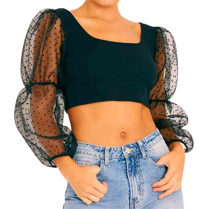Long-sleeved T-shirt Polka Dot Perspective Short Top Round Neck Chiffon Shirt Women's Summer Fashion Clothing 210520, Black
Long-sleeved T-shirt Polka Dot Perspective Short Top Round Neck Chiffon Shirt Women's Summer Fashion Clothing 210520, Black