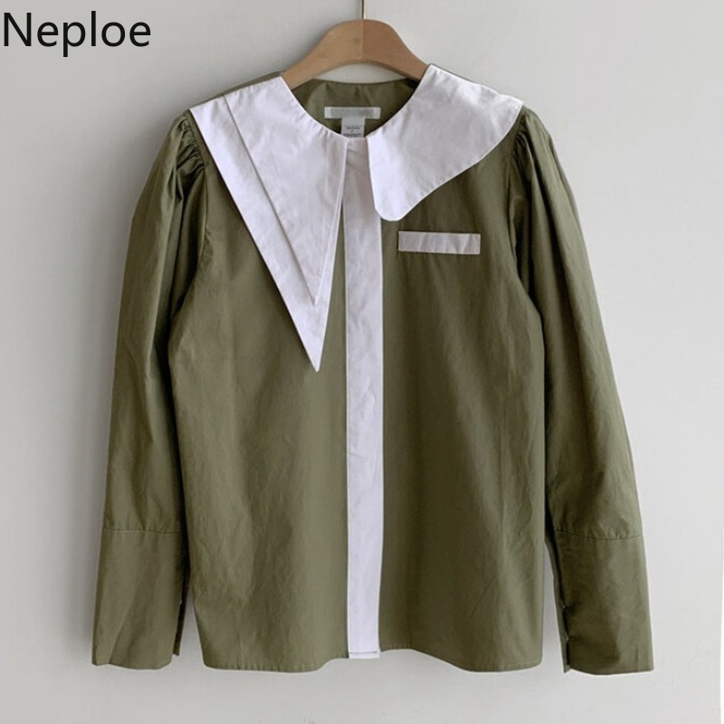 Neploe Women Blouses Irregula Peter Pan Collar Contrast Color Single Breasted Tops Korean Loose Long Sleeve Elegant Shirts 4h460 210422