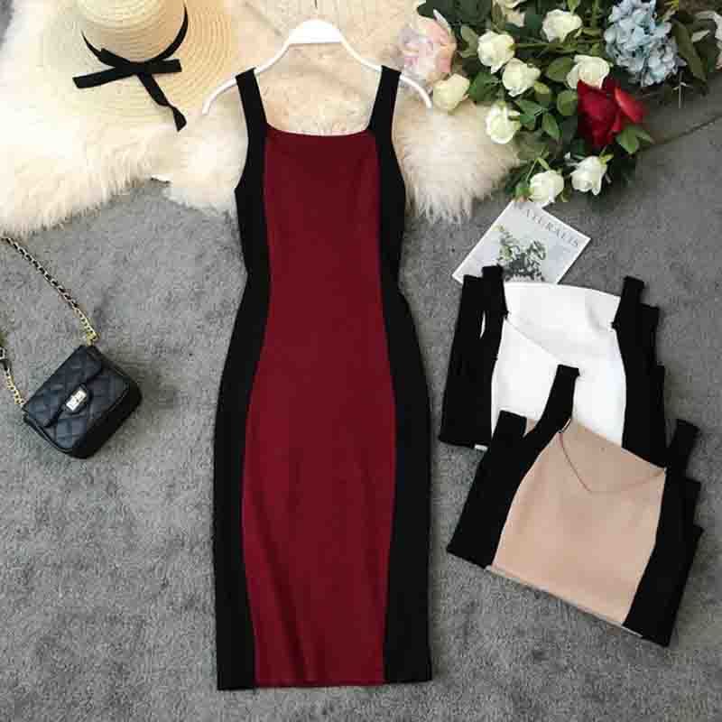 Women Bodycon Dress Korean Fashion Summer Sleeveless Sexy Spaghetti Strap Dresses Ladies Vintage Knitted Dress Robe Femme 210521