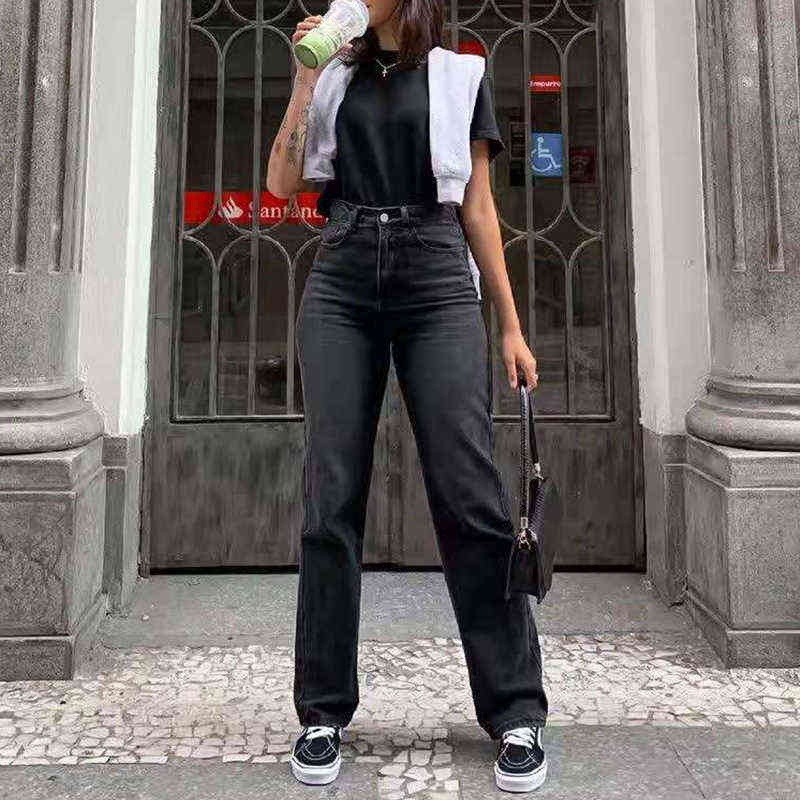 Women's Pants Black Jeans Women Baggy Fashion Washed Denim Trousers Straight Mom High Waist Streetwear 211129