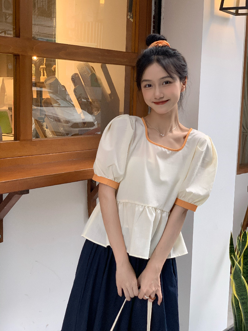 Korea Summer Women's Fashion Sweet Blouse Contrast Patchwork O-Neck Puff Sleeve Casual Loose Shirt Female 210519