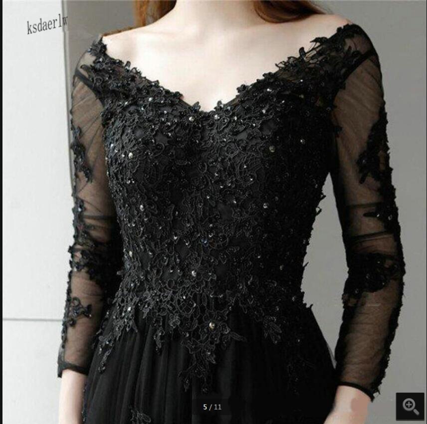 Black Tulle V Neck A Line Prom Dresses Long Sleeve Beaded Lace Appliques Elegant Formal Evening Party Gowns Backless Sexy Side Slit Red Carpet Dress F