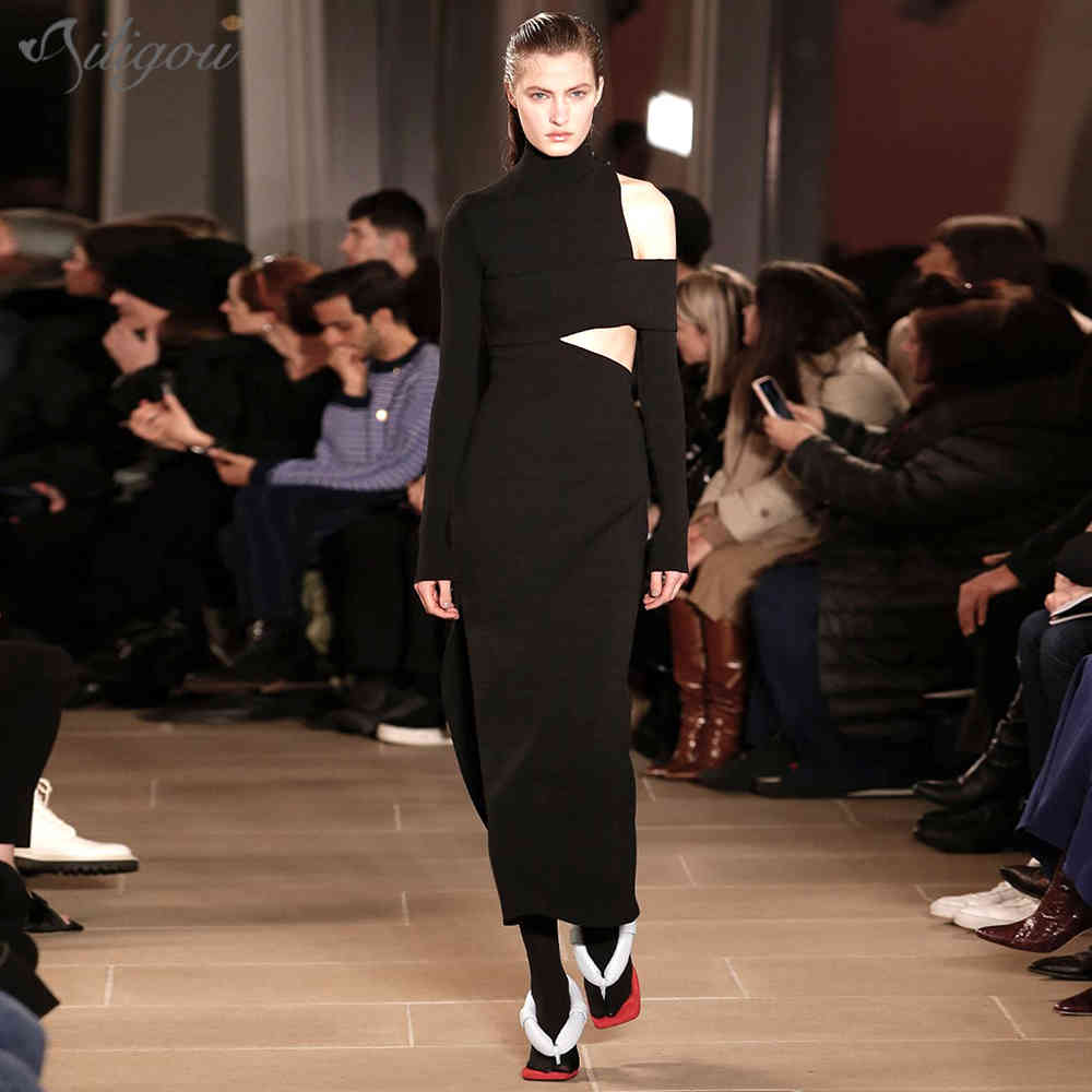 Summer Elegant Long Sleeve Strapless Hollow Black Midi Bodycon Ladies Bandage Dress Sexy Party Vestidos 210525