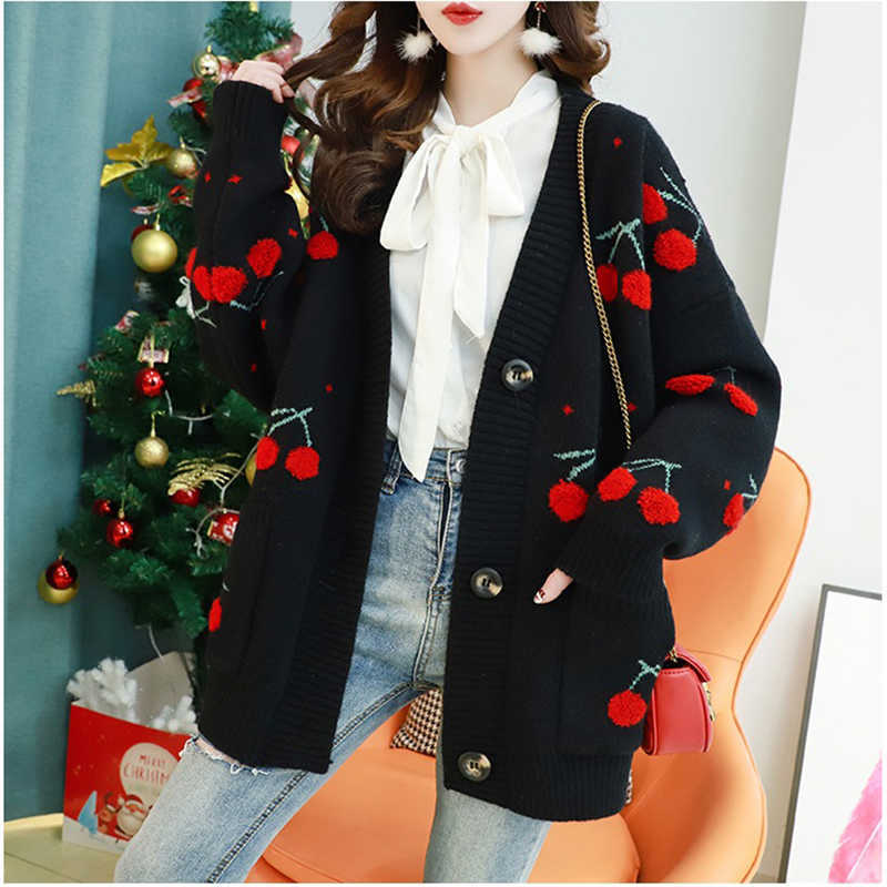 Autumn Fashion Cherries Embroidery Mid-length Cardigan V-Neck Bat sleeve Pocket Knitting Sweater Coat Loose Ladies Tops 210914