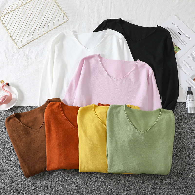V Neck Sweater Women's Pullover Casual Slim Bottoming Sweaters Female Elastic Long Sleeve Tops Femme 7336 50 210427