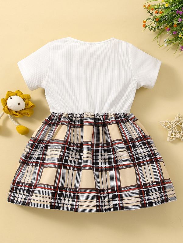 Baby Solid Tee & Plaid Print Cami Dress SHE